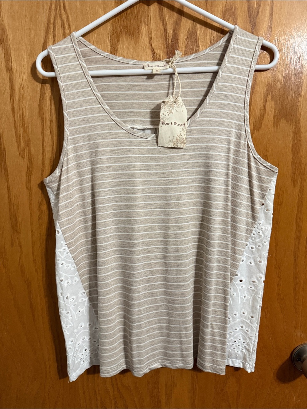 Hem & Thread Beige and White Striped Tank with Eyelet Trim